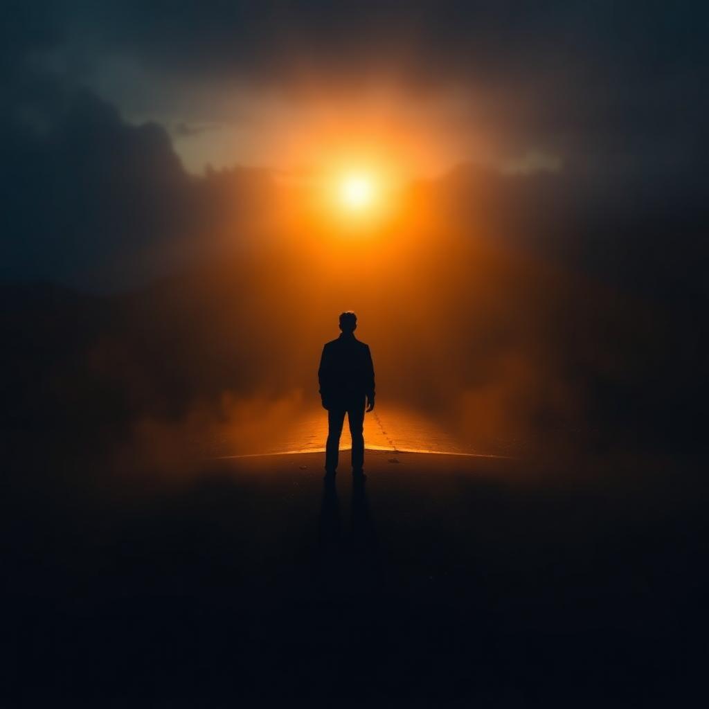 Silhouet van een persoon die bij schemering staat te kijken naar een pad dat uitloopt in warm licht