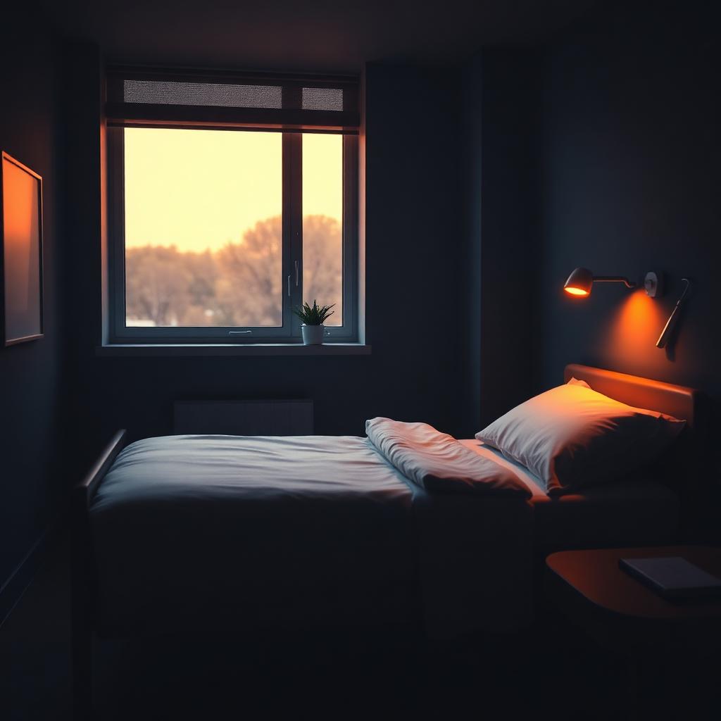 Rustige kliniekkamer bij zonsondergang met warm oranje licht door het raam