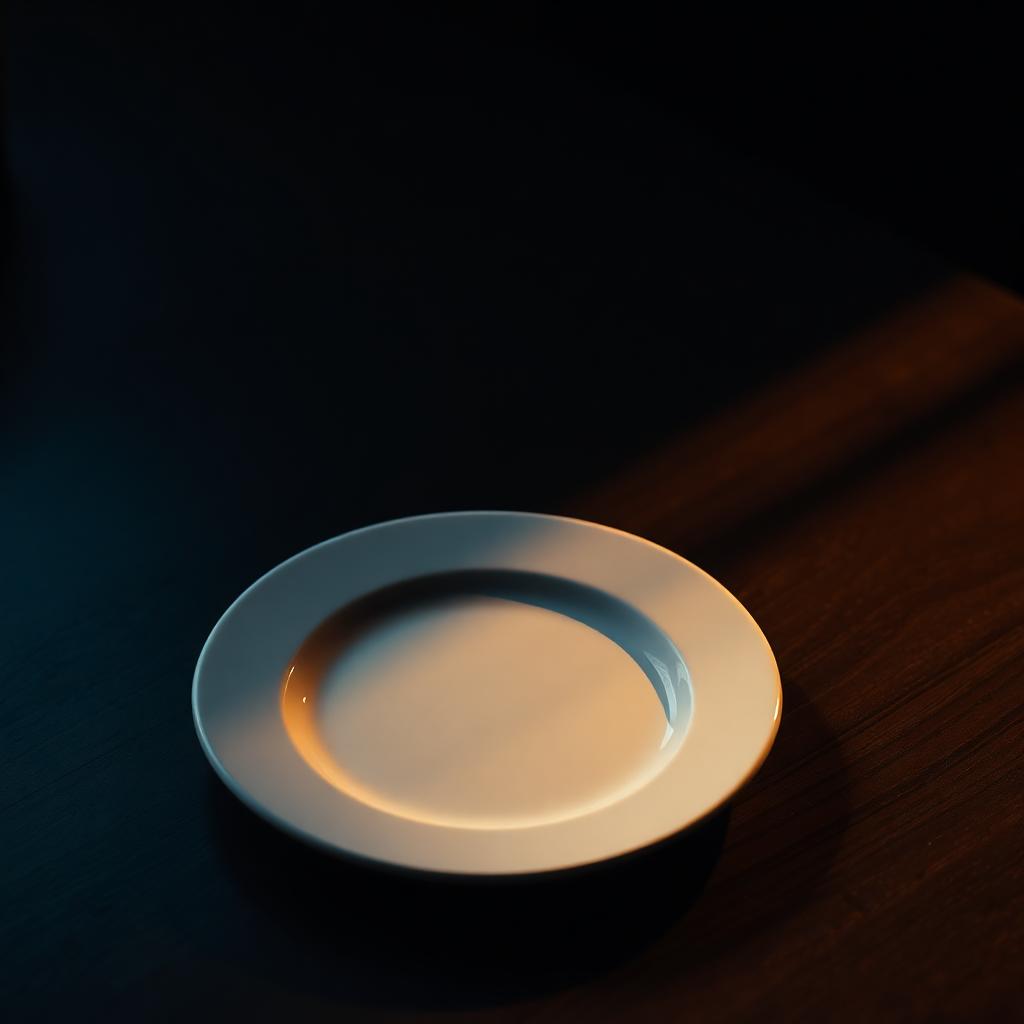 Leeg wit bord op een donkere houten tafel, verlicht door warm zijlicht