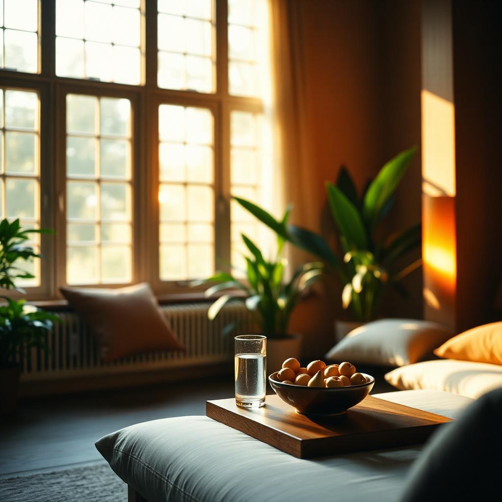 Warm verlichte therapieruimte met fruit en water, symbool voor herstel en voeding