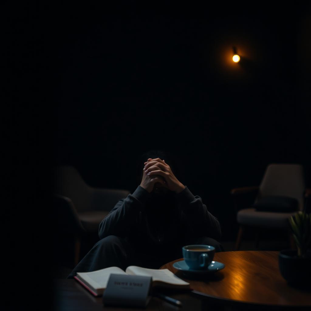 Persoon in een rustige therapieruimte met warm licht, journal en kop thee op tafel