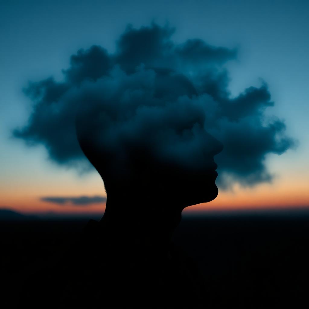 Silhouet van een persoon met blauwe wolken rond het hoofd bij zonsondergang