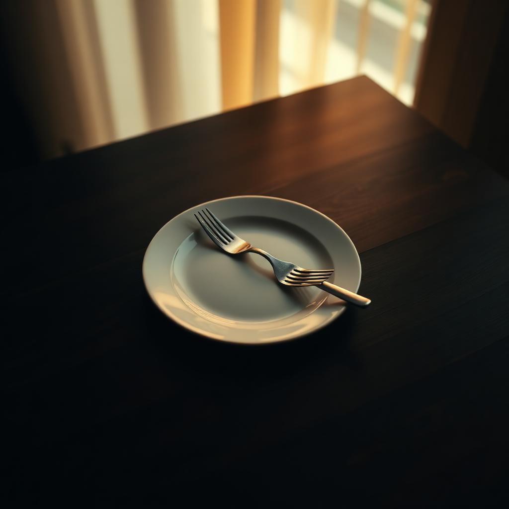 Leeg bord met vork in warm, moody licht