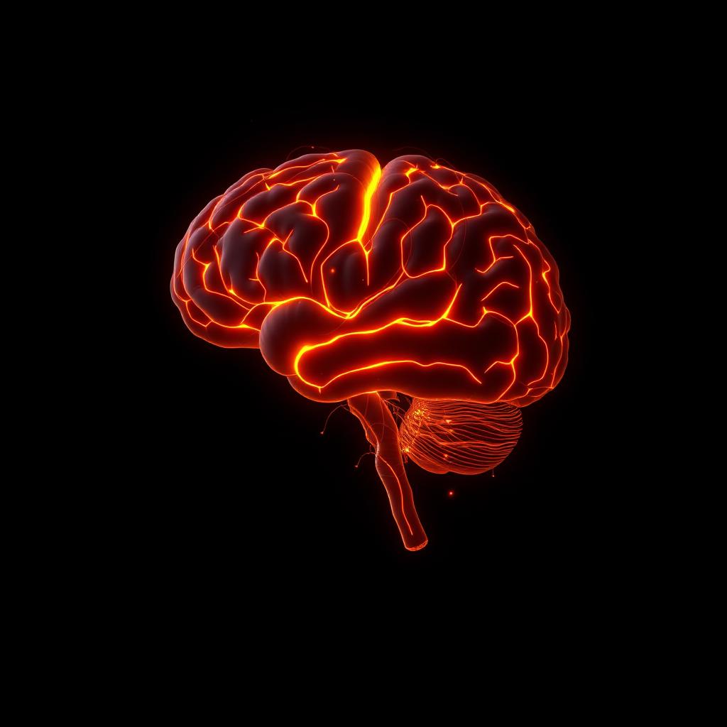 Gloeiende hersenen met oranje neurale verbindingen op een donkere achtergrond