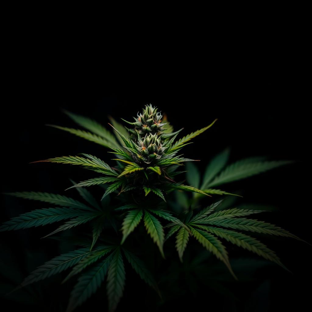 Cinematisch close-up van een cannabisplant in dramatisch donker licht