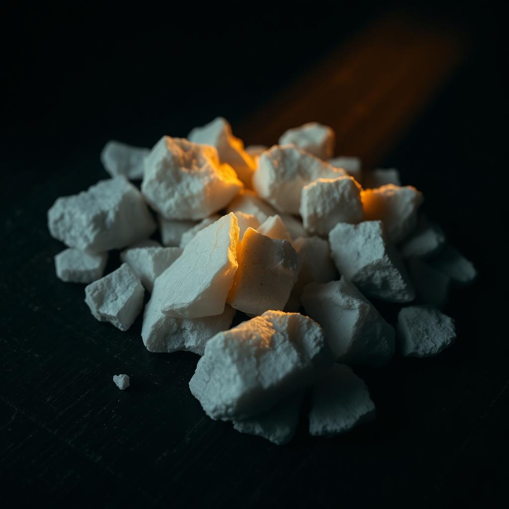 Witte kristallijne stenen op een donkere ondergrond, verlicht door een warme lichtbundel