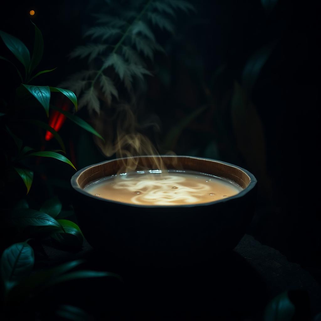 Mystieke ayahuasca-brouwsel in een houten kom met wervelende damp, omringd door Amazone-regenwoudplanten in een donkere, cinematische setting