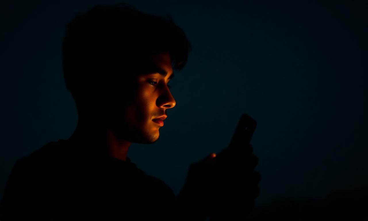 Silhouet van een persoon 's nachts kijkend naar een oplichtend smartphonescherm