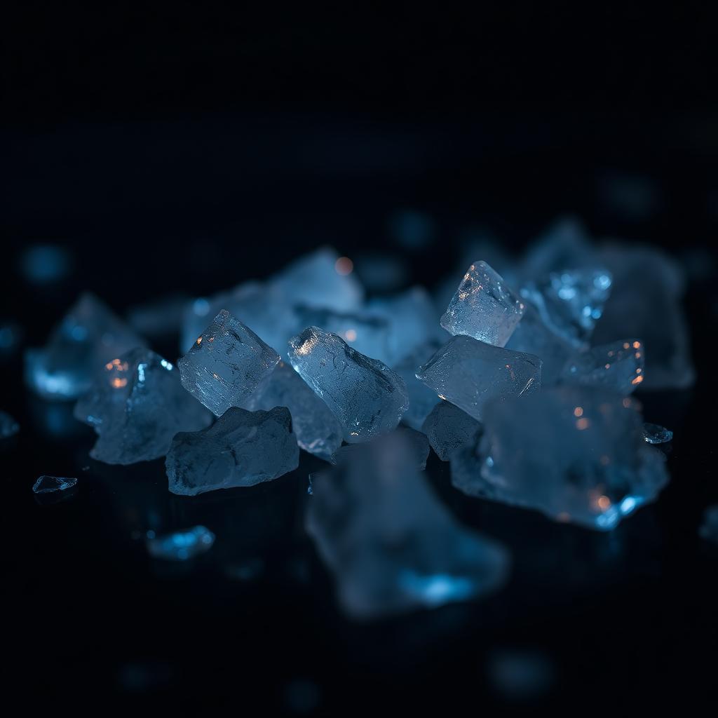 Doorzichtige kristallen op een donker oppervlak — symbool voor de drug ICE (crystal meth)