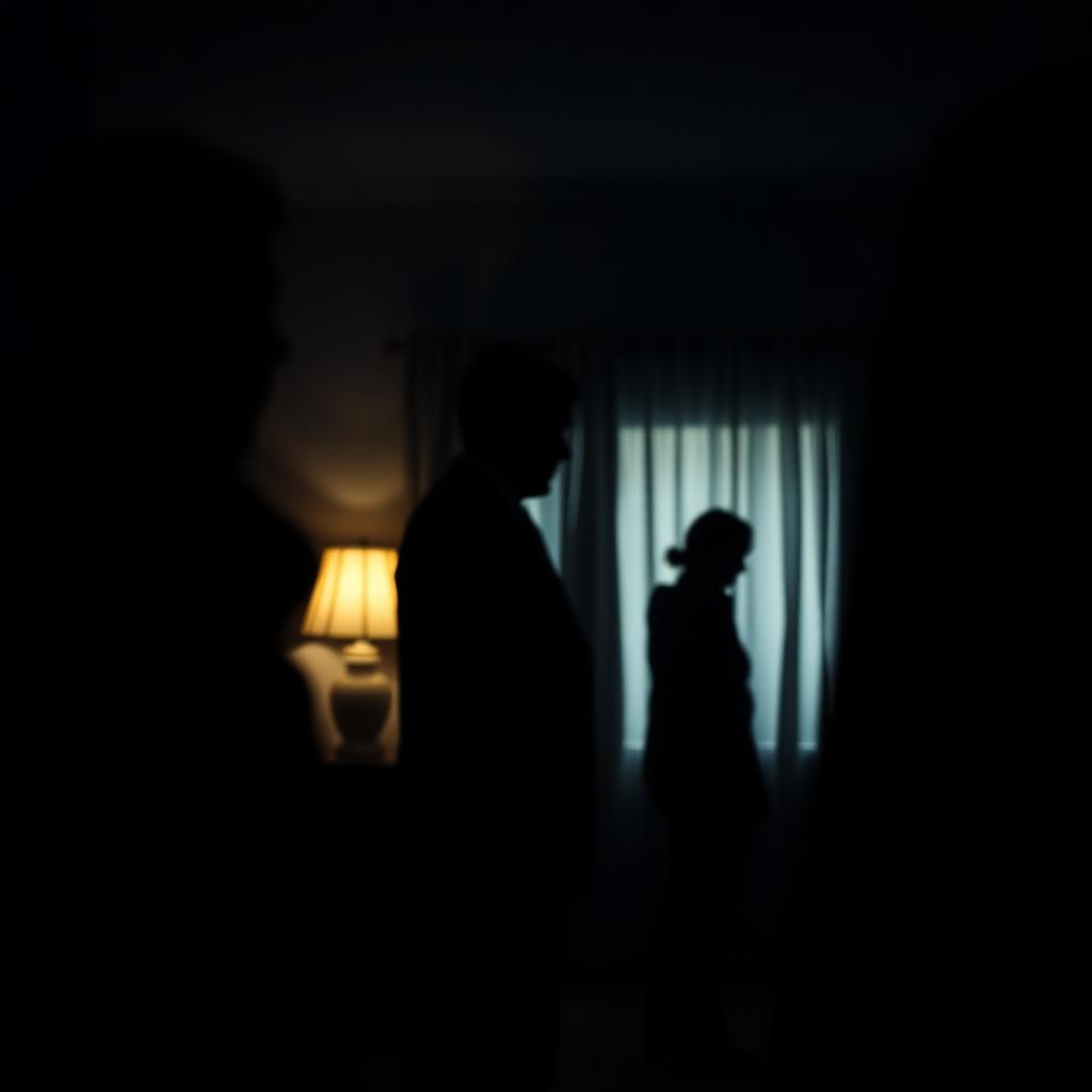 Silhouet van mensen op afstand in een donkere kamer, symbolisch voor emotionele disconnect door verslaving
