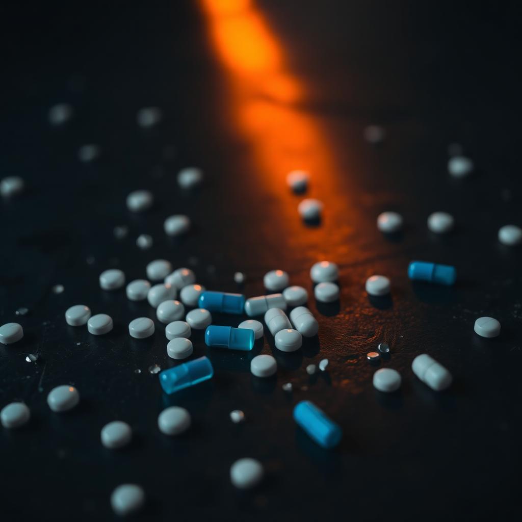 Verspreide witte pillen en blauwe capsules op een donker oppervlak met warm oranje licht