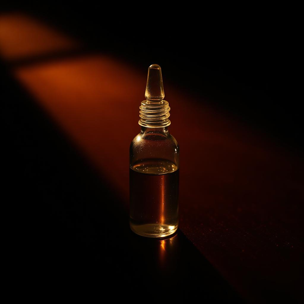 Een klein druppelflesje met vloeistof op een donkere houten ondergrond, verlicht door warm zijlicht