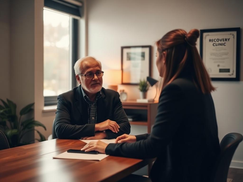 Professioneel mentor-gesprek in een warm verlichte kliniekpraktijk met certificaat op de achtergrond