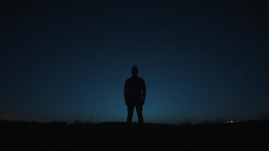 Silhouet van een persoon bij een kruispunt in de nacht, symbool voor levenskeuzes en kwetsbaarheid
