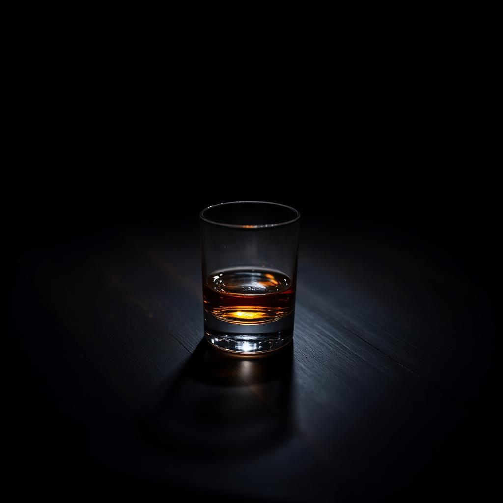 Een whiskyglas in dramatisch donker licht op een houten tafel