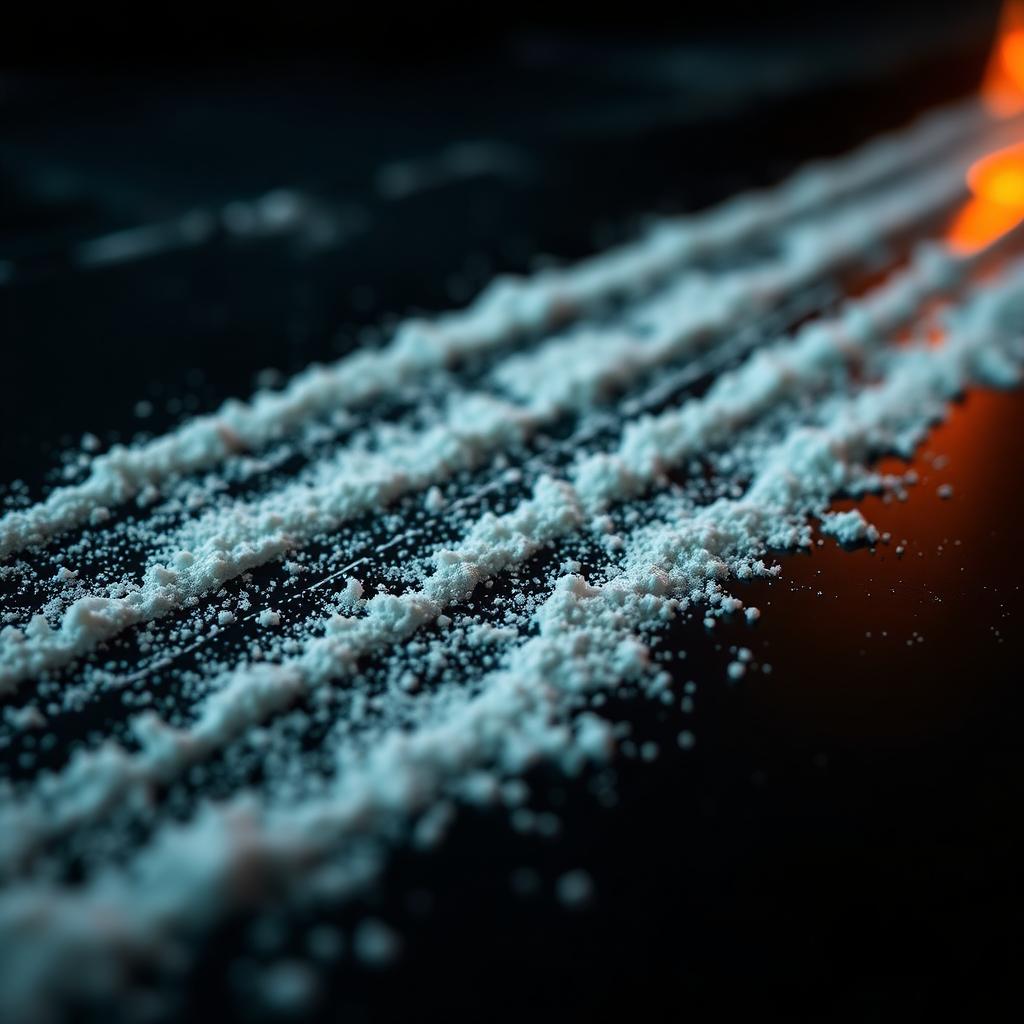 Witte kristallijne poeder op een donkere reflecterende oppervlak in dramatisch licht