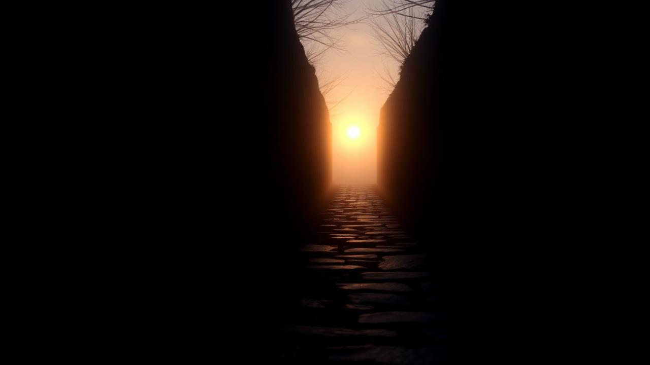 Stenen pad door mistig donker landschap naar warm gouden licht aan de horizon
