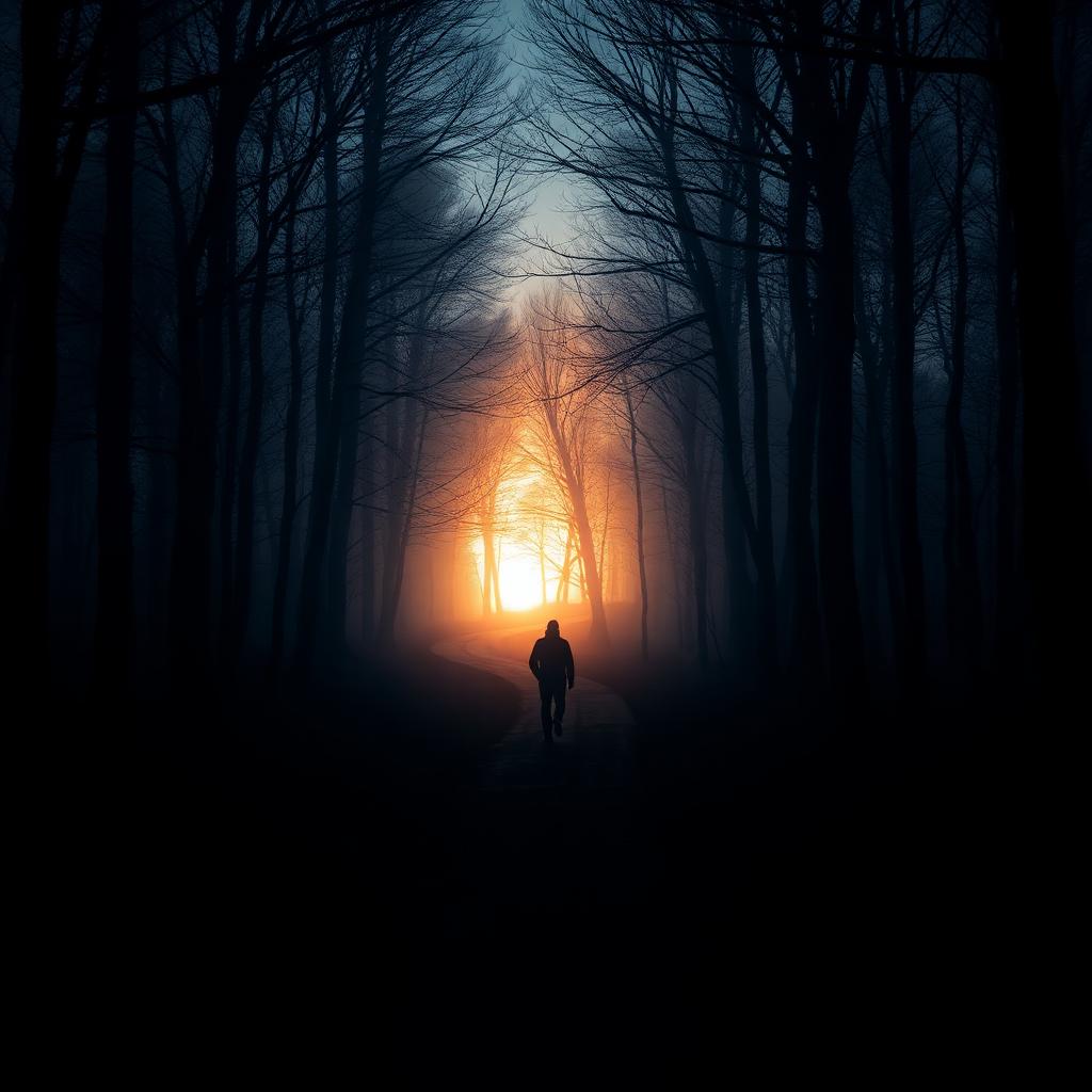 Silhouet van een persoon die door een mistig bos loopt naar warm licht in de verte