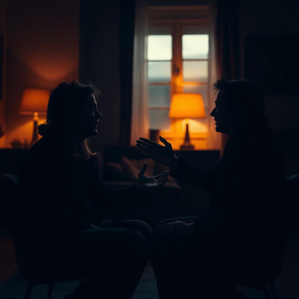 Twee mensen in een warm verlichte kamer die een ondersteunend gesprek voeren