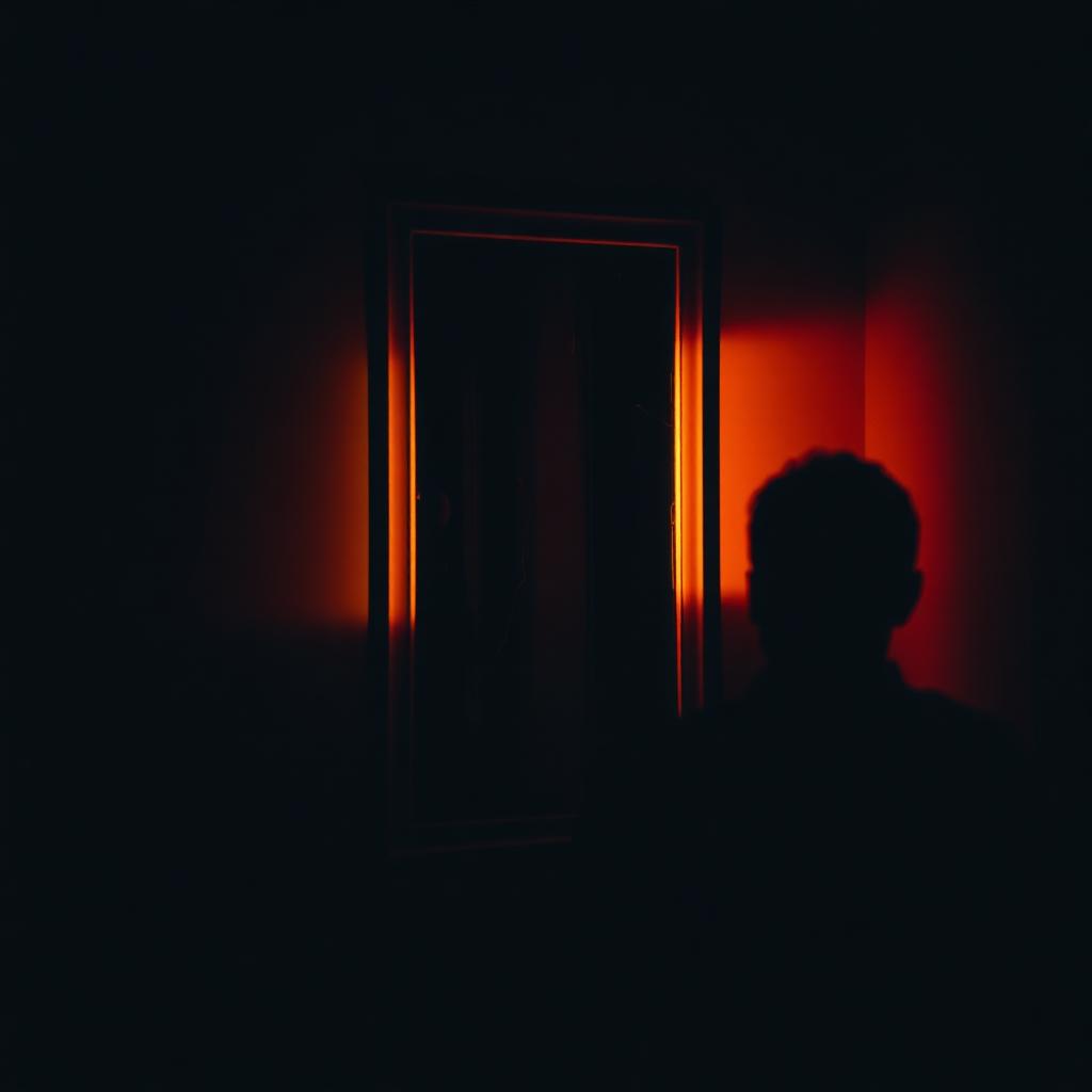 Silhouet van een persoon in een donkere kamer met amber-oranje licht, symbool voor het inzicht in eigen verslaving