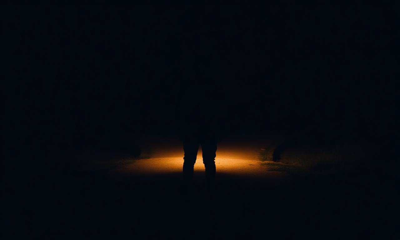 Silhouet van een persoon die staat te aarzelen tussen twee paden in het donker