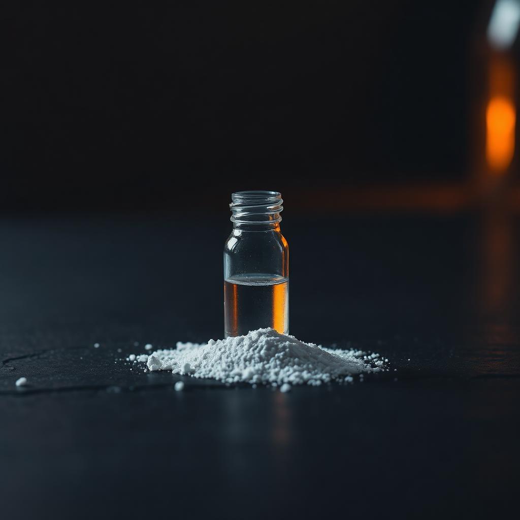 Klein flesje met heldere vloeistof en wit poeder op een donkere ondergrond met warme oranje gloed