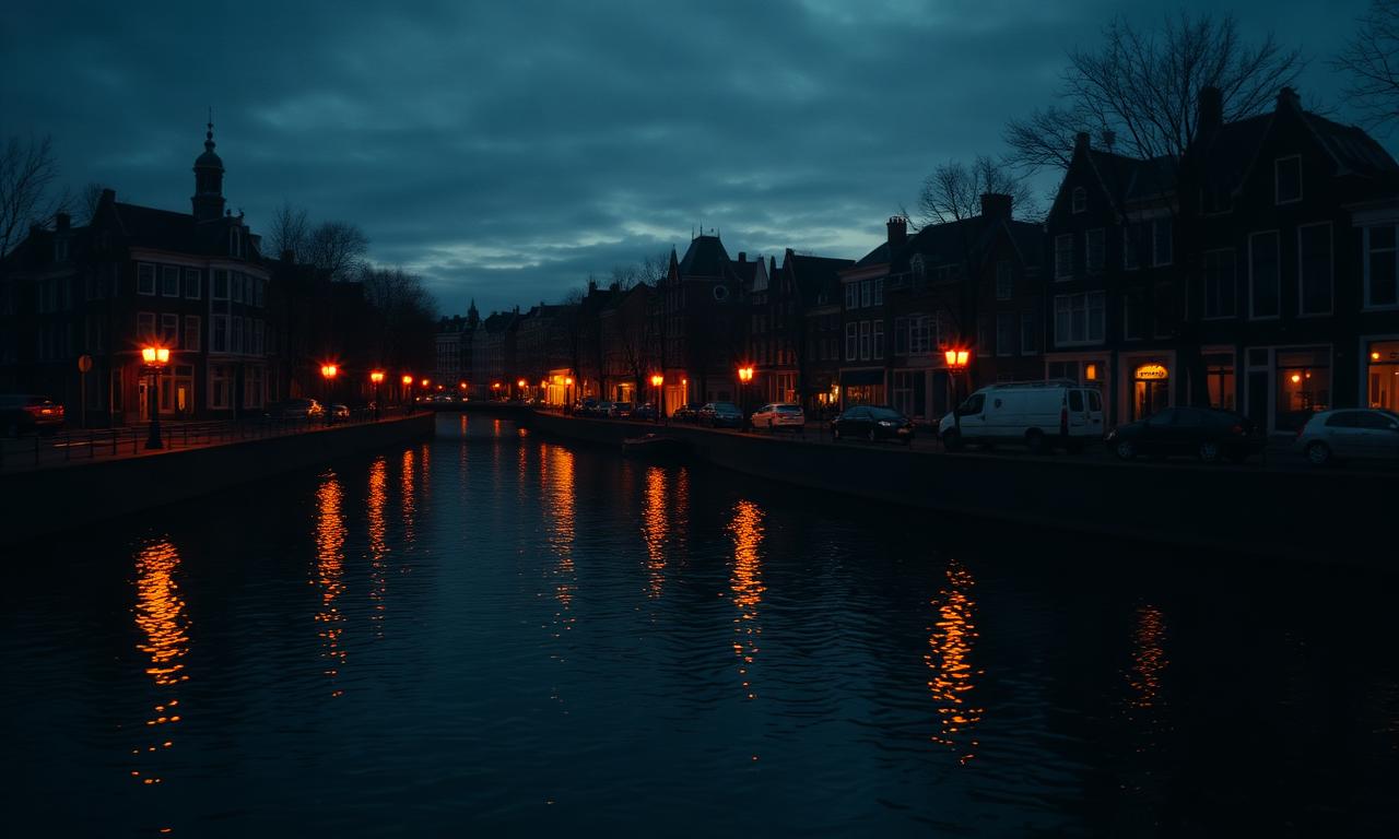 Cinematische opname van een Amsterdamse gracht bij schemering met warme lantaarnreflecties