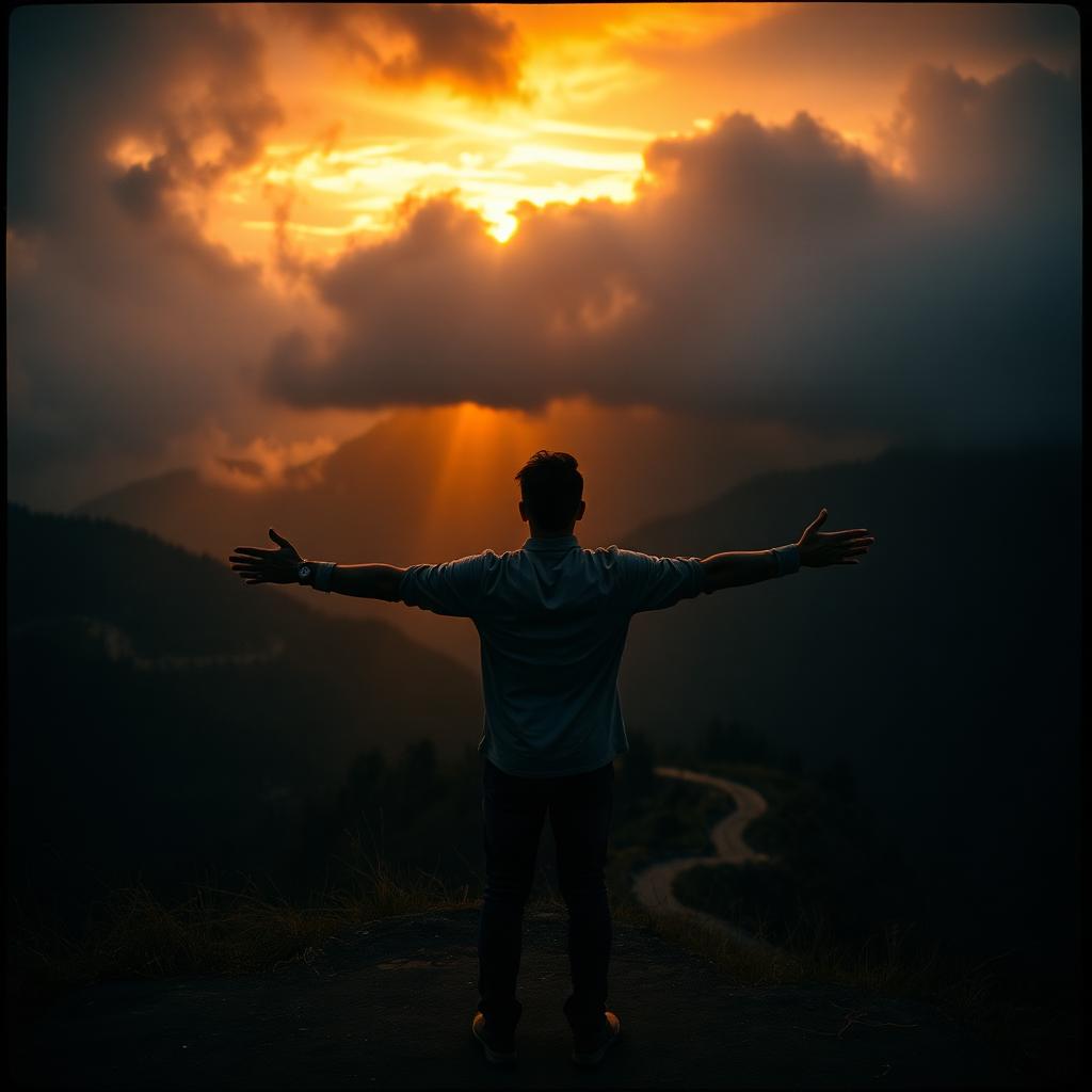 Silhouet van een persoon met uitgestrekte armen bij zonsopgang over berglandschap, symbool voor herstel en hoop