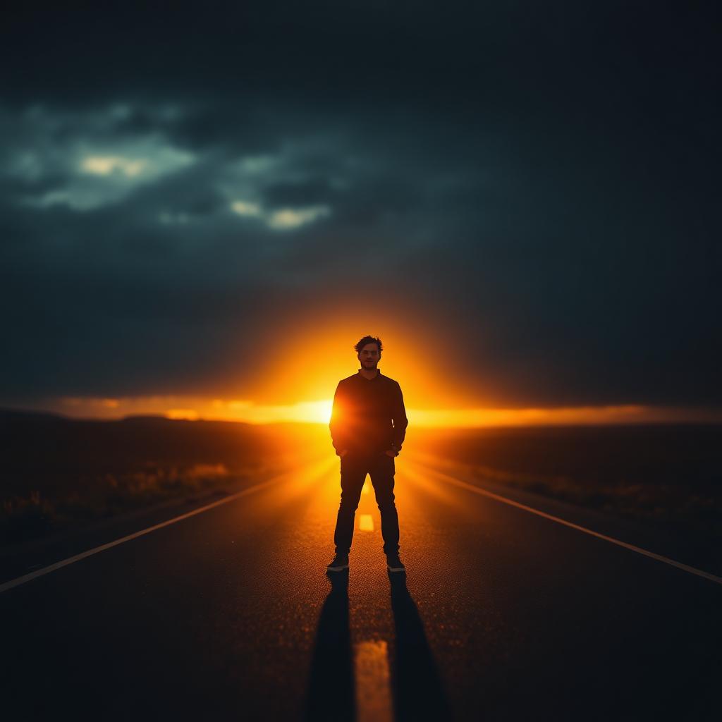 Persoon staat bij zonsopgang op een open weg, symbool voor een nieuw begin in herstel