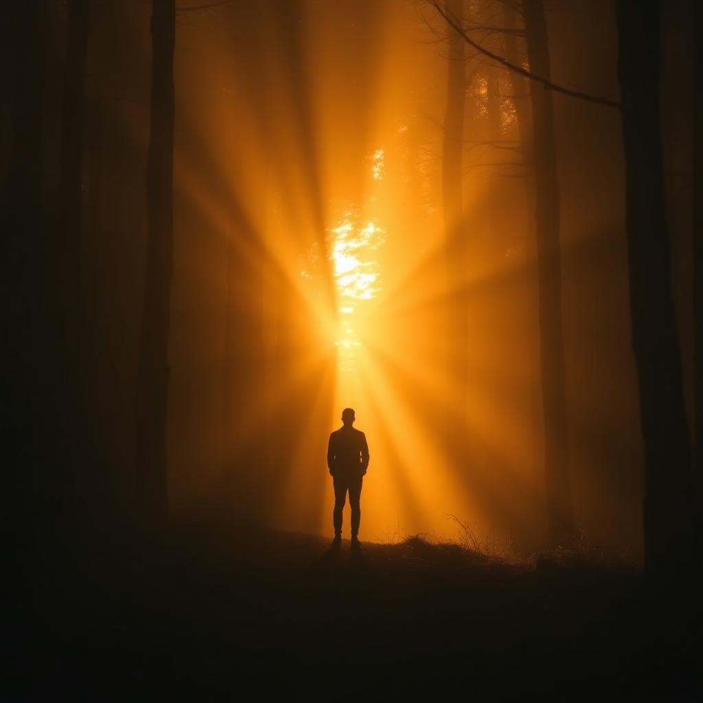 Silhouet van een persoon in een mistig bos met warme zonnestralen die door de bomen breken bij dageraad