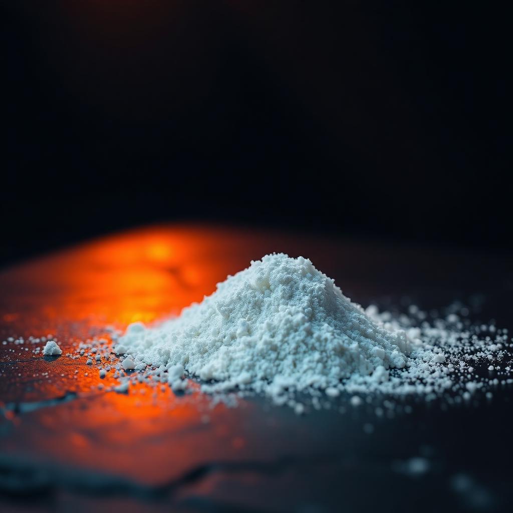 Witte kristallen poeder op een donkere ondergrond met warme oranje gloed