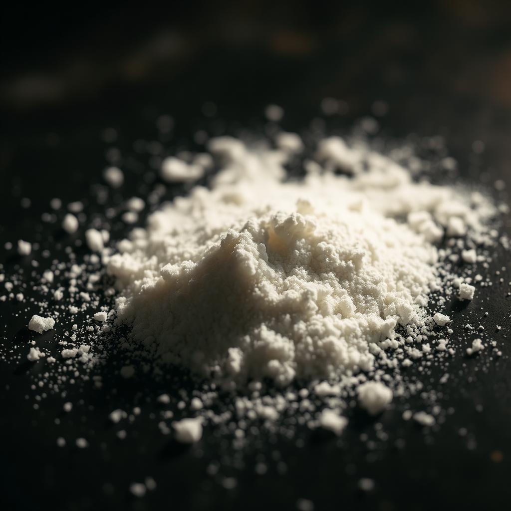 Witte kristallijne methamphetamine op een donkere ondergrond, dramatisch verlicht