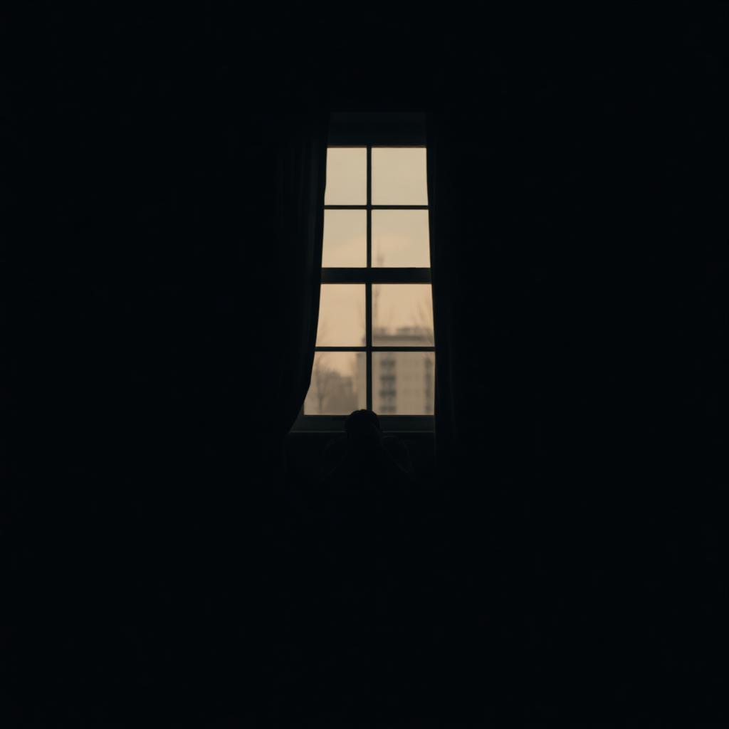 Silhouet van een persoon bij een raam in een donkere kamer, symbool voor innerlijke strijd en hoop