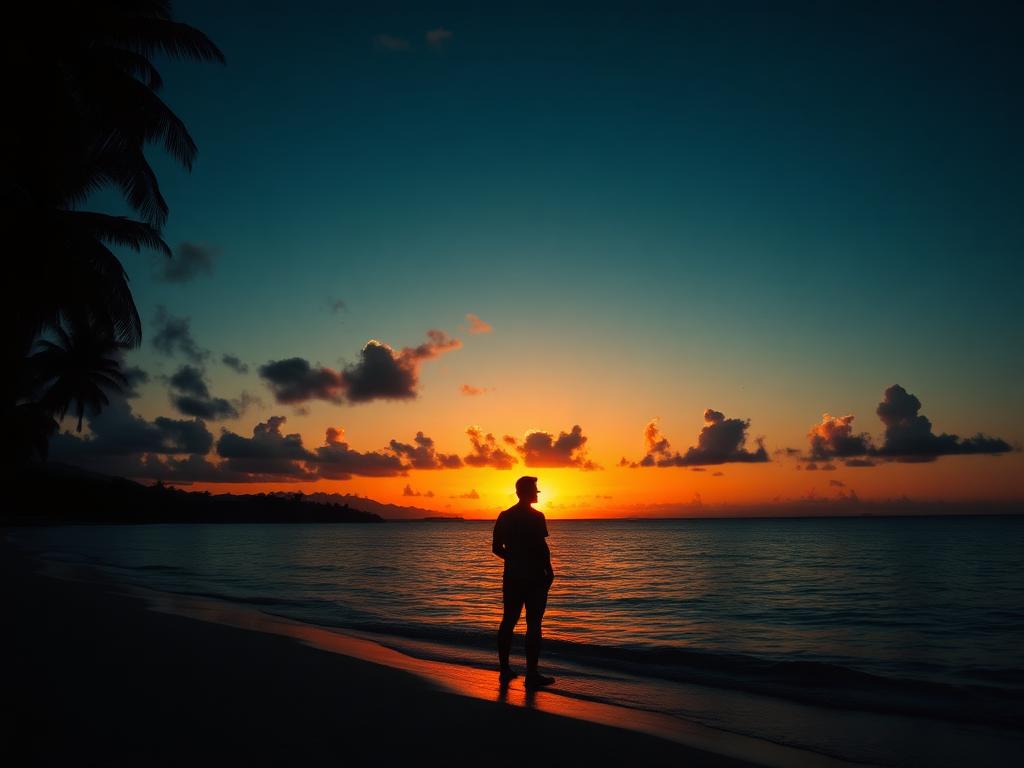 Silhouet van een persoon die rustig naar een tropische zonsondergang boven de oceaan kijkt