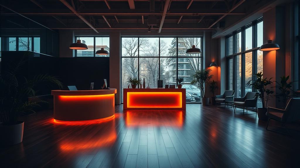 Modern kantoorinterieur met warme oranje accentverlichting en houten vloeren