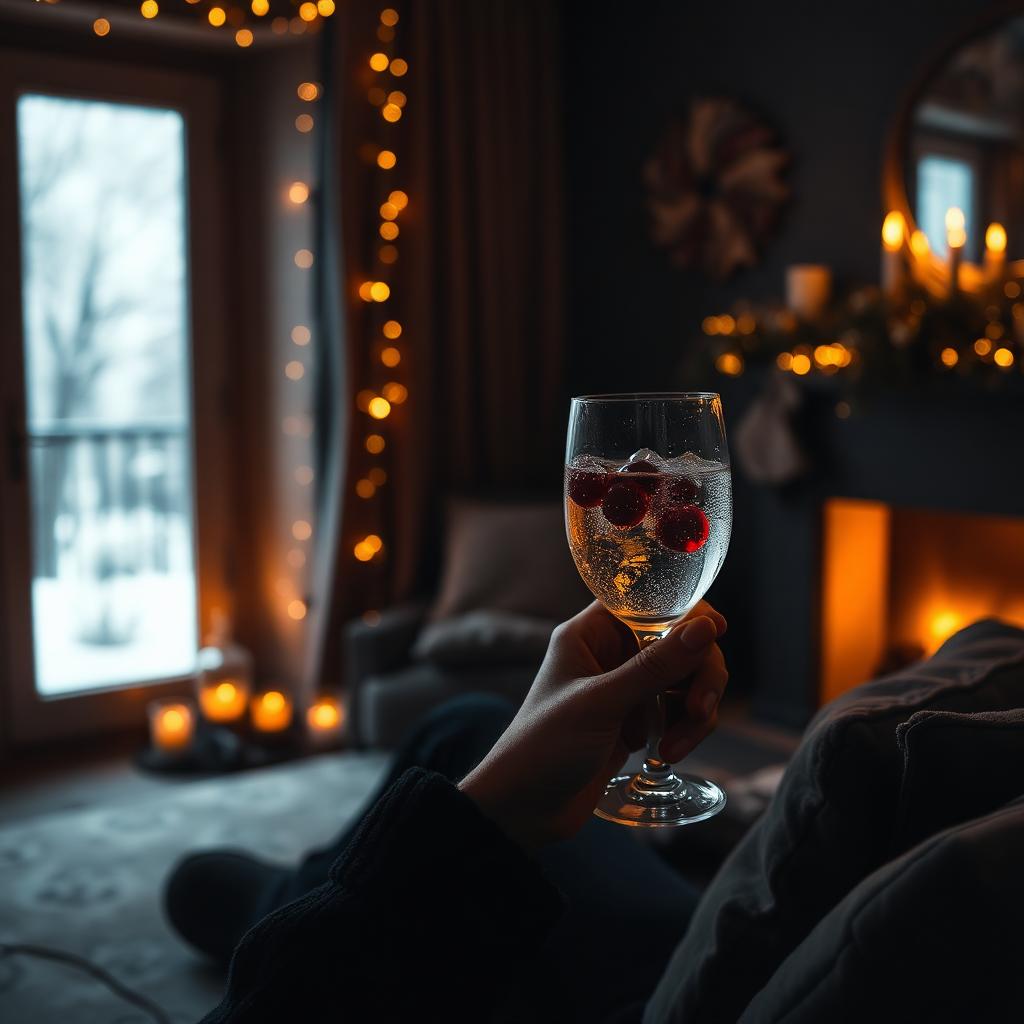 Een glas bruisend water met cranberries in een warm verlichte woonkamer met kerstsfeer