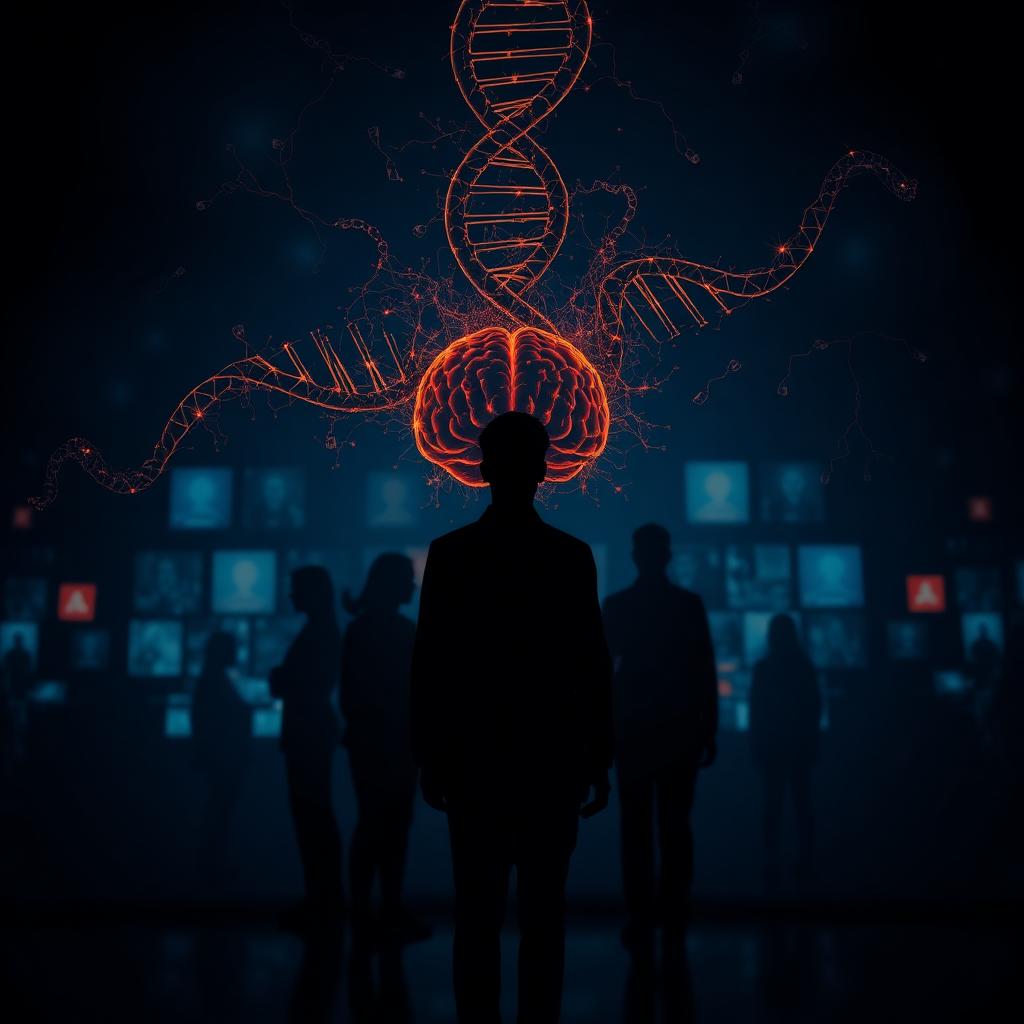Conceptueel beeld van DNA, hersenen en sociale invloeden in donker licht