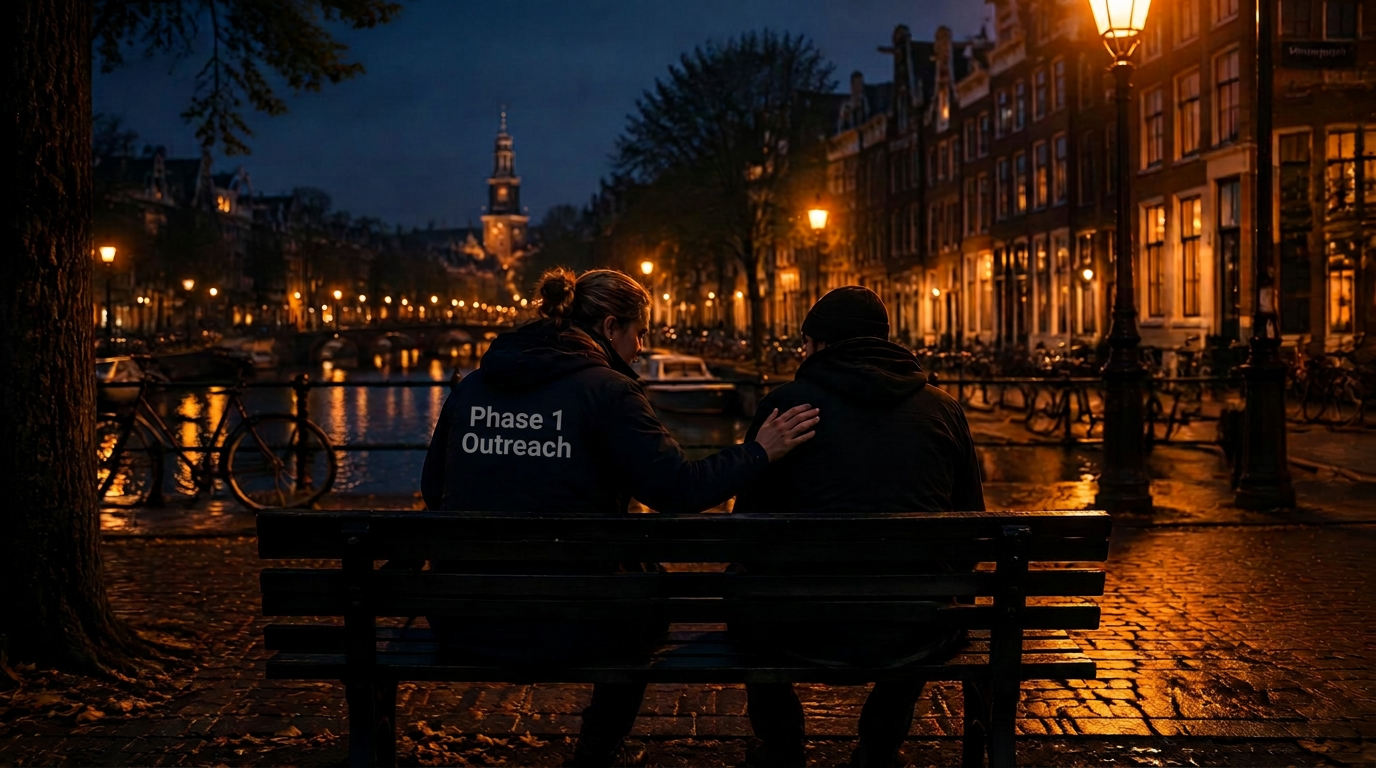 Outreachmedewerker in gesprek op een bankje in de avond