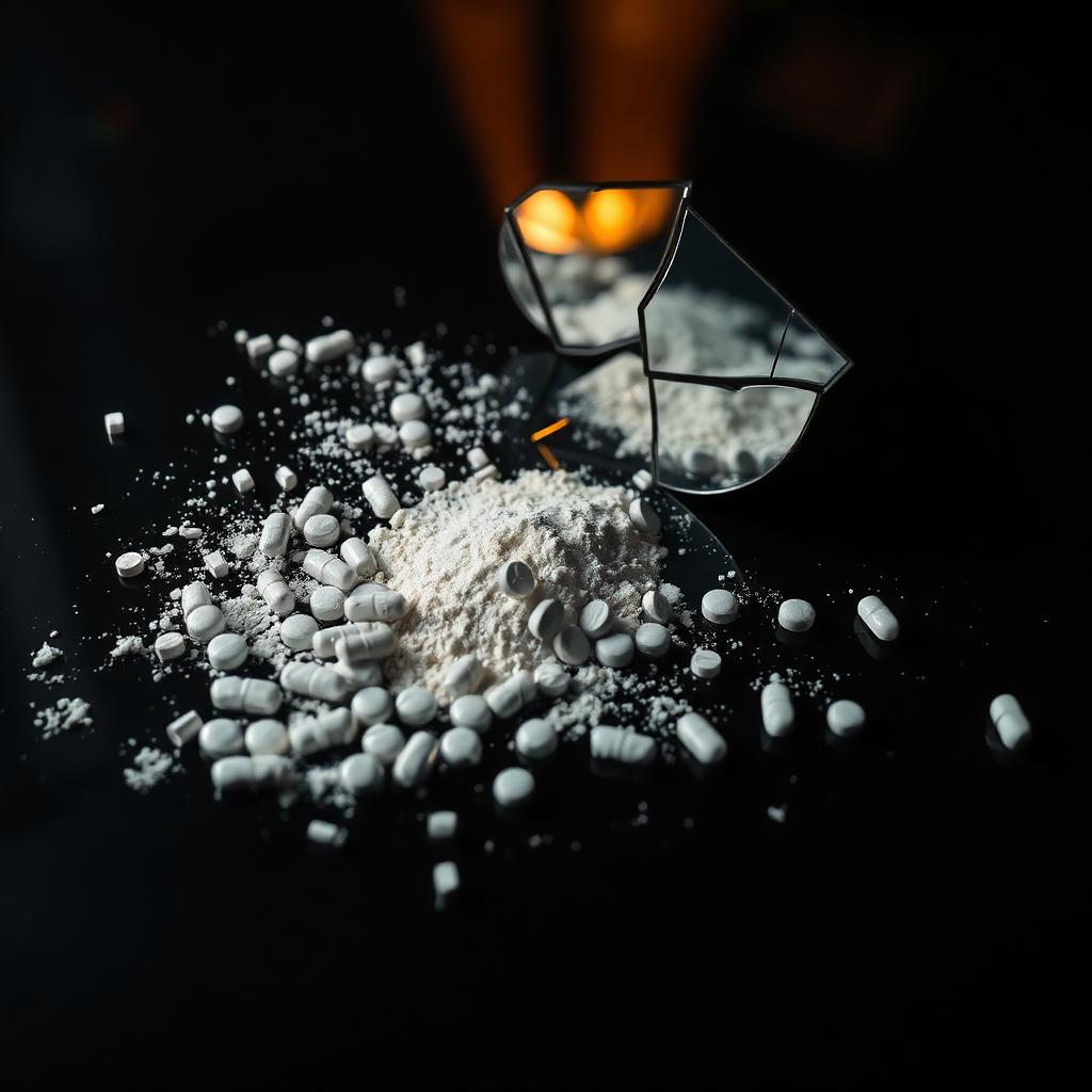 Witte pillen en poeder op een donkere ondergrond met een gebroken spiegel, symbool voor de vervormende effecten van PCP