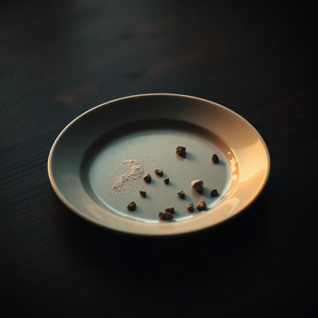 Sfeerbeeld van een leeg bord met enkele non-food objecten op een donkere tafel