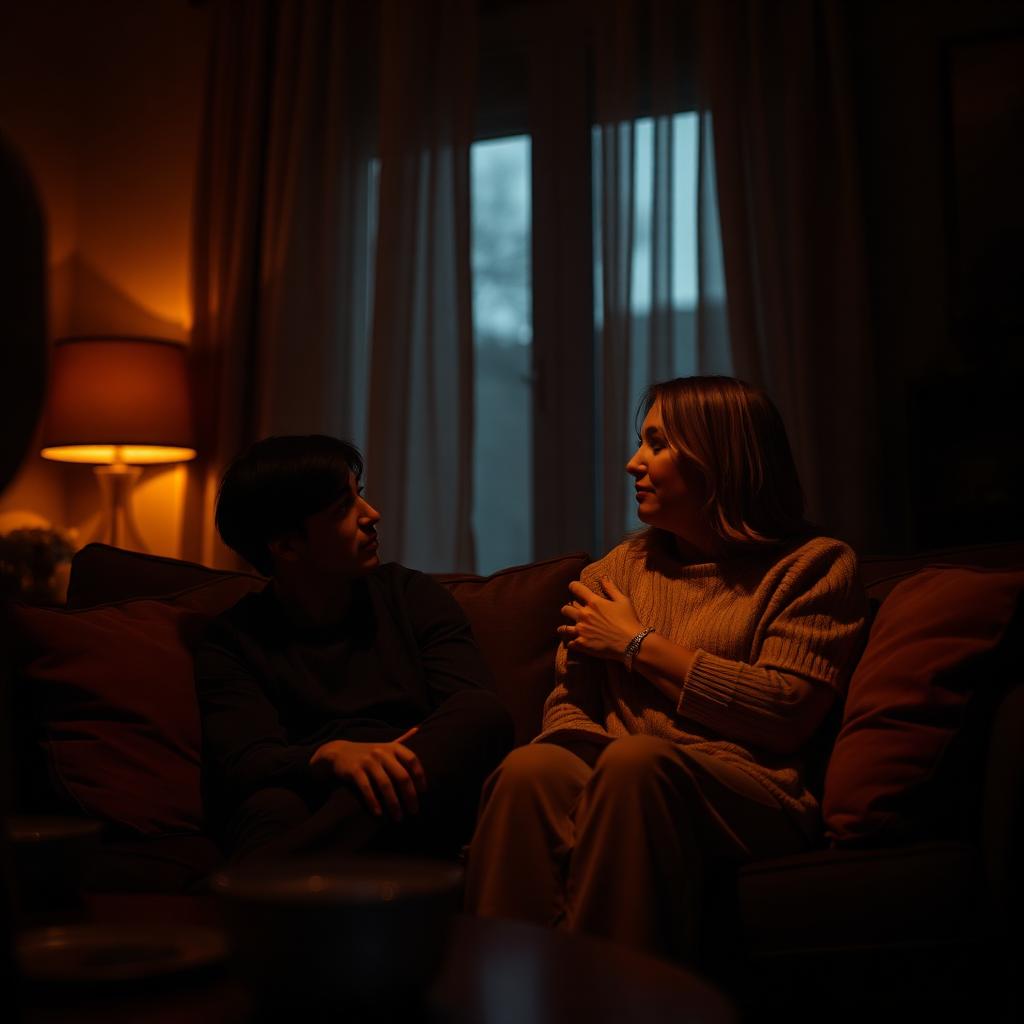 Twee mensen in een intiem gesprek op een sofa in een warm verlichte woonkamer