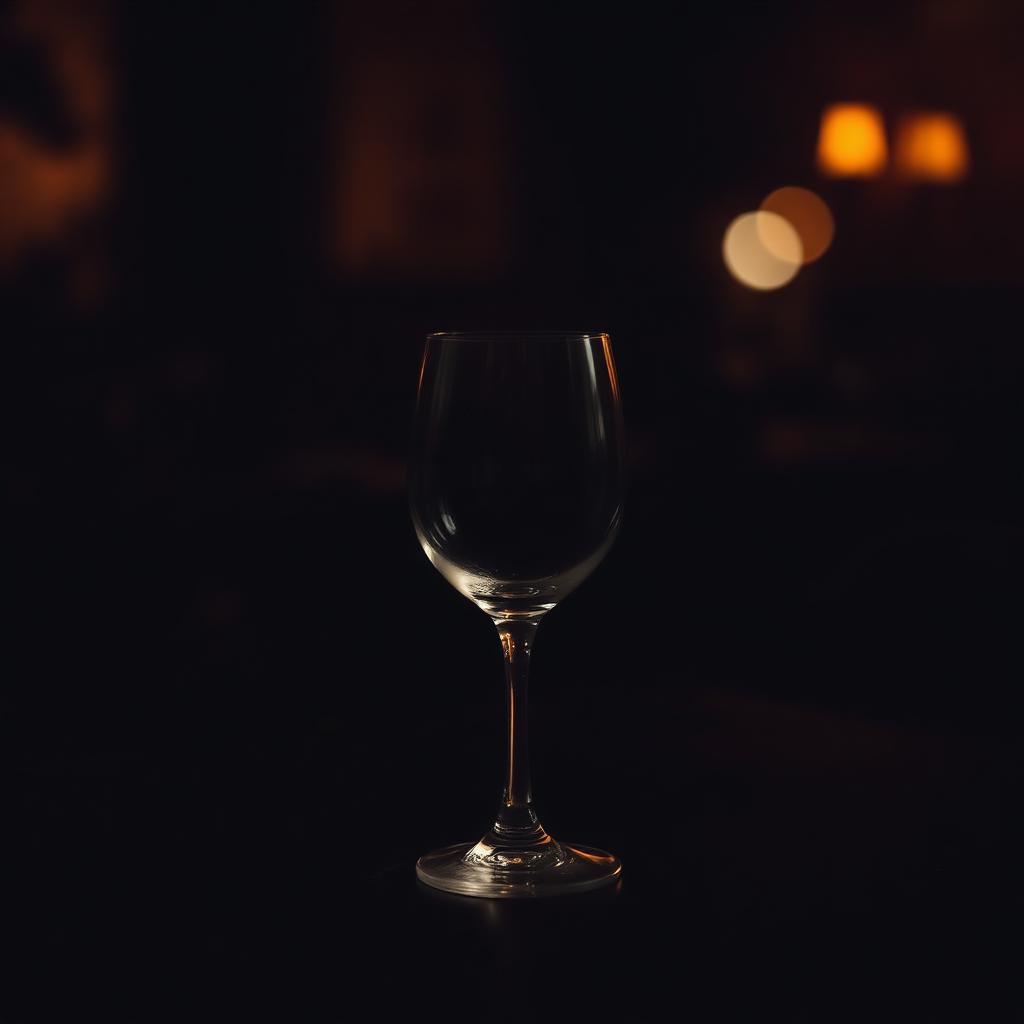 Leeg wijnglas op een donkere houten tafel met dramatisch warm licht