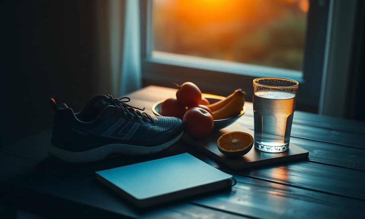 Stilleven van hardloopschoenen, vers fruit, notitieboek en glas water op donker hout bij dageraad