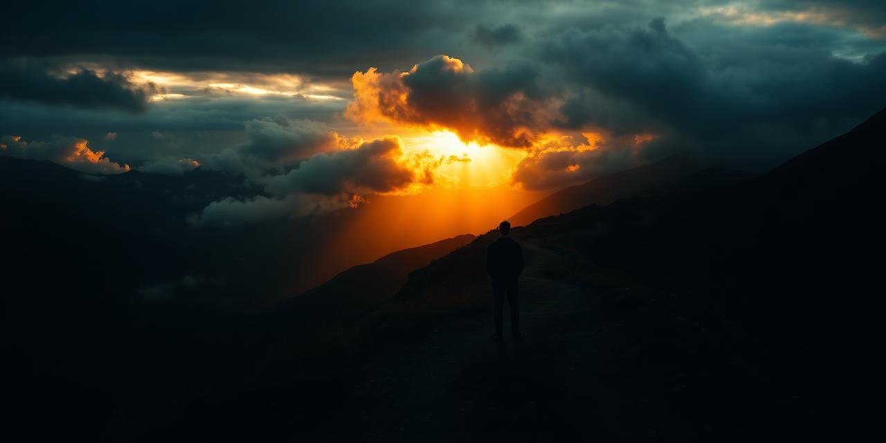 Silhouet van een persoon bij een kruispunt op een bergpad bij zonsopgang, gouden licht breekt door wolken
