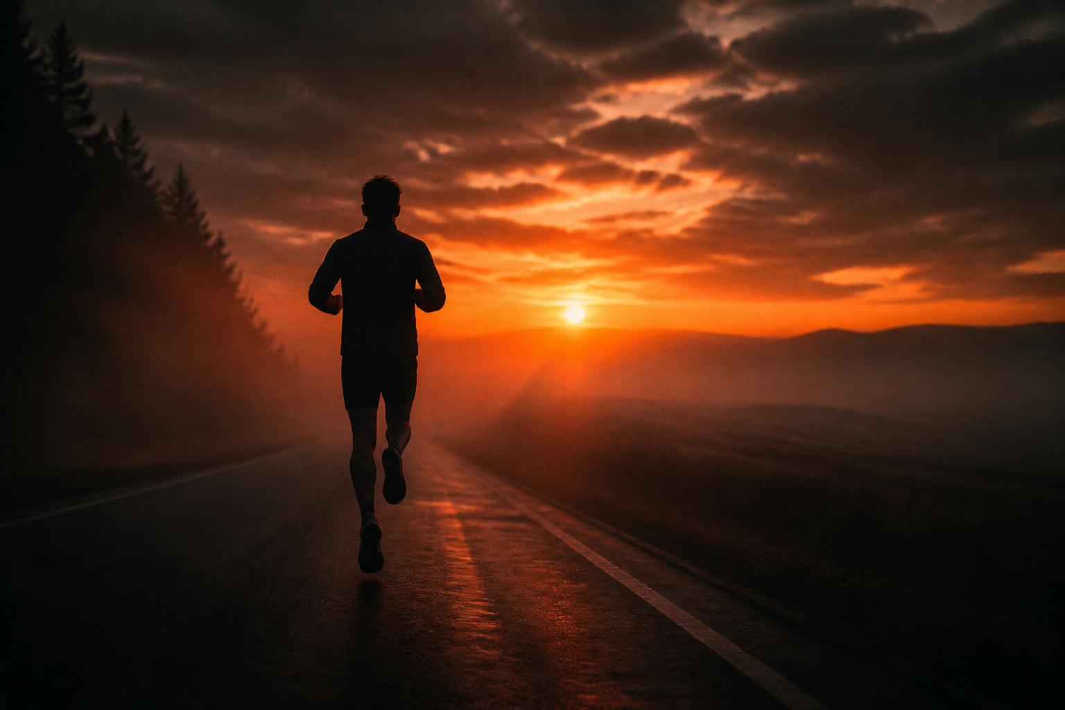 Silhouet van een hardloper bij zonsopgang op een verlaten weg