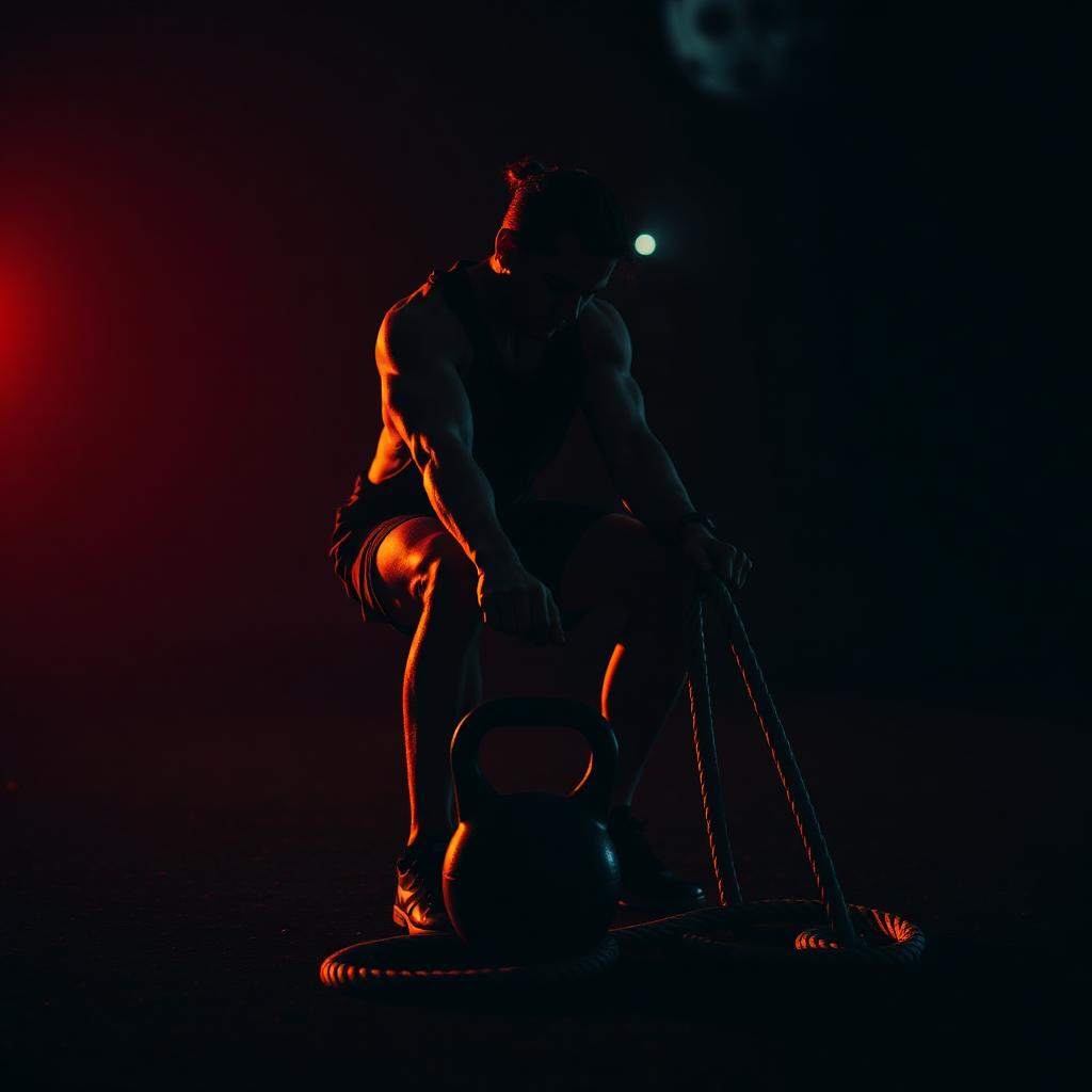 Silhouet van een atleet met kettlebell in dramatisch warm oranje licht