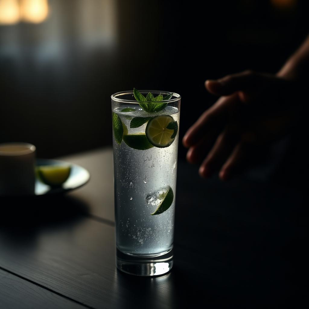 Glas water met limoen en munt in warm gedimd licht, symbool voor een gezonde start zonder alcohol