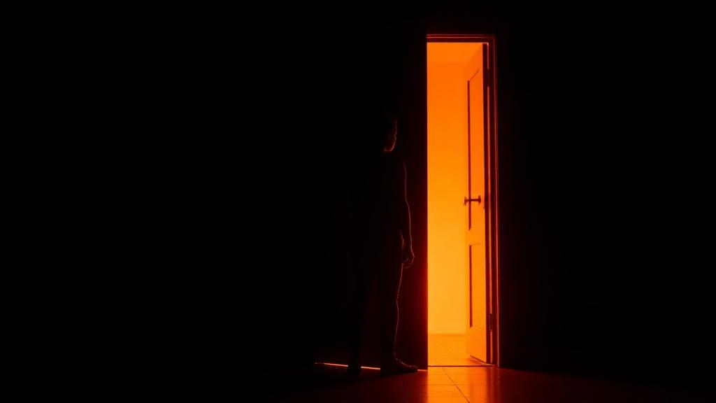 Silhouet van een persoon bij een open deur met warm oranje licht dat binnenstroomt