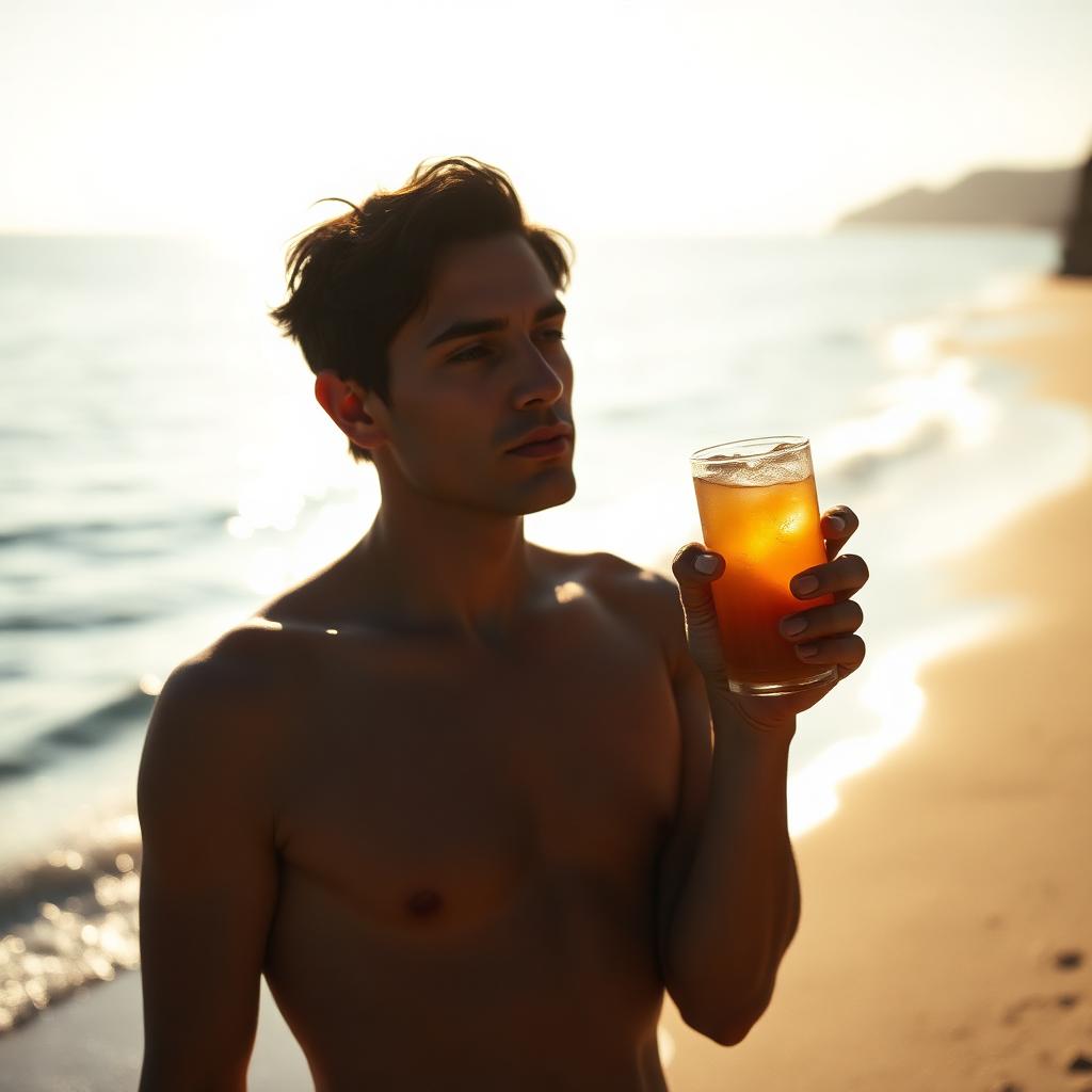 Persoon op een strand met een verfrissend alcoholvrij drankje, gouden zonlicht en kalme golven