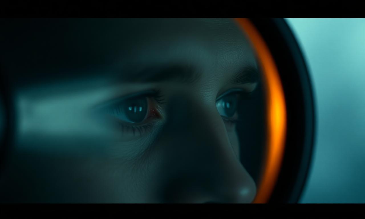 Cinematisch close-up portret van vermoeide ogen weerspiegeld in een spiegel